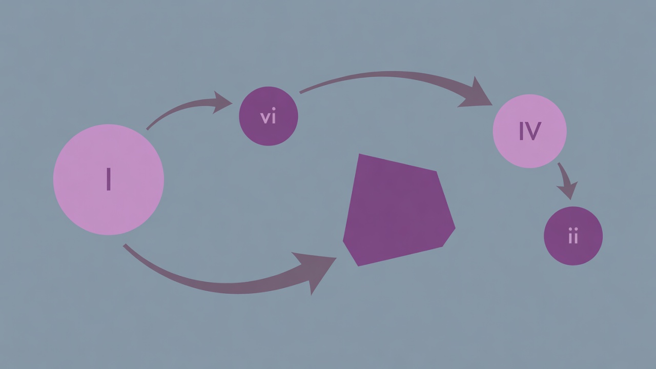 Flat vector relationship map in lilac, plum, and warm slate illustrating the harmonic pathway from Tonic I and vi through Predominant IV and ii to Dominant V7 and back to I