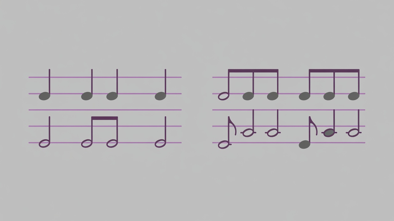 Flat vector rhythm grid in lilac, plum, and warm slate comparing six eighth notes grouped as three beats in 3/4 versus two dotted-quarter beats in 6/8