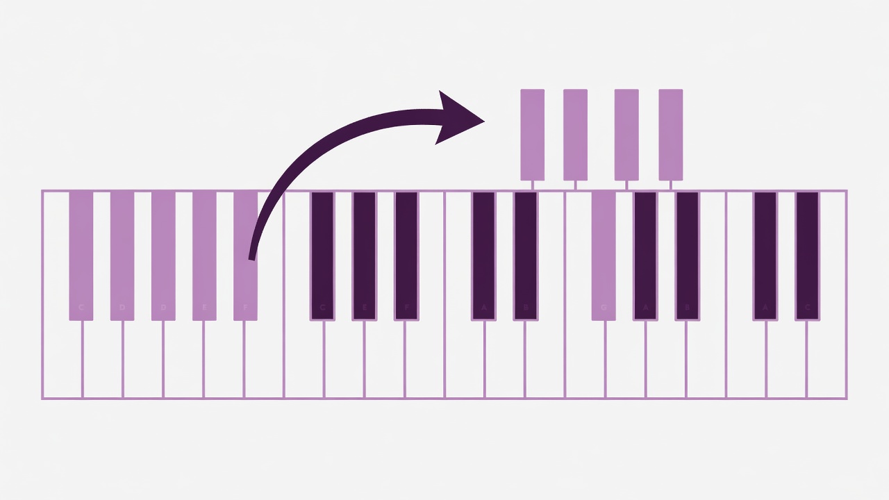Flat vector labelled keyboard diagram in lilac and plum showing the lower tetrachord C D E F and upper tetrachord G A B C linked into G major